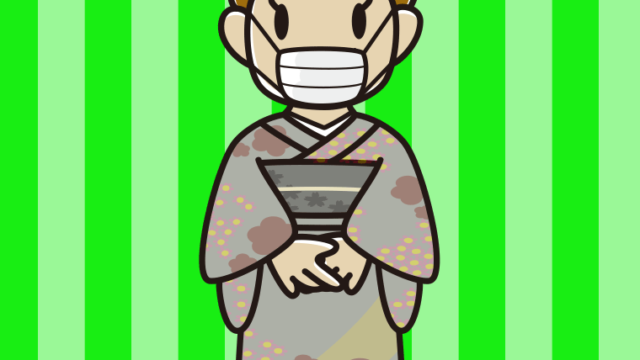 マスクをする晴れ着姿のおばさんのイラスト【色、背景あり】PNG