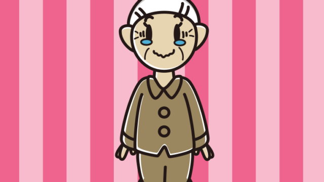 ジーンとするパジャマのおばあさんのイラスト【色、背景あり】PNG