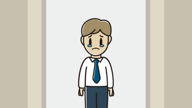 エレベーターで泣く男性会社員（ワイシャツ）のイラスト【色、背景あり】PNG