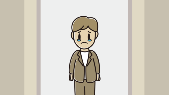 エレベーターで泣く男性会社員（カジュアル）のイラスト【色、背景あり】PNG