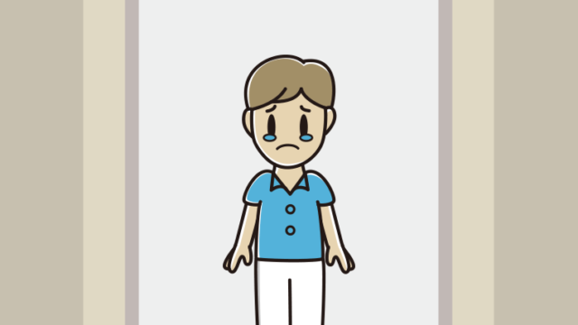 エレベーターで泣く男性会社員（クールビズ）のイラスト【色、背景あり】PNG