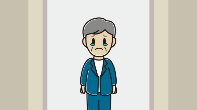 エレベーターで泣く年配男性会社員（カジュアル）のイラスト【色、背景あり】PNG