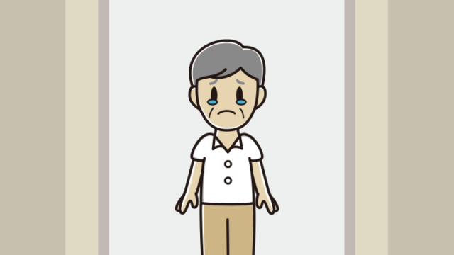 エレベーターで泣く年配男性会社員（クールビズ）のイラスト【色、背景あり】PNG