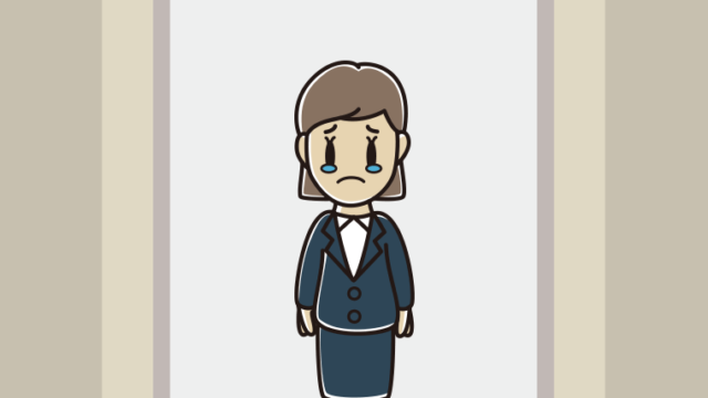 エレベーターで泣く女性会社員のイラスト【色、背景あり】PNG