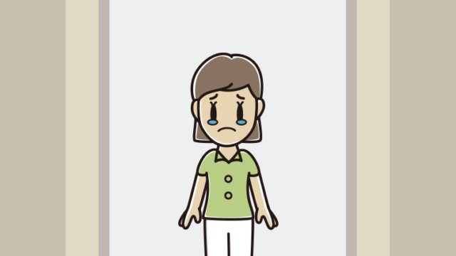 エレベーターで泣く女性会社員（クールビズ）のイラスト【色、背景あり】PNG