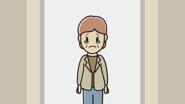 エレベーターで泣く年配女性会社員（カジュアル）のイラスト【色、背景あり】PNG