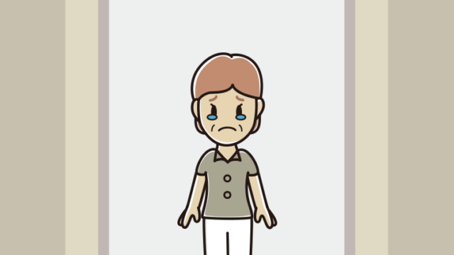 エレベーターで泣く年配女性会社員（クールビズ）のイラスト【色、背景あり】PNG