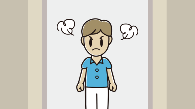 エレベーターで怒る男性会社員（クールビズ）のイラスト【色、背景あり】PNG