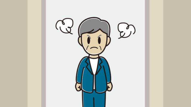 エレベーターで怒る年配男性会社員（カジュアル）のイラスト【色、背景あり】PNG