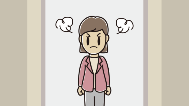 エレベーターで怒る女性会社員（カジュアル）のイラスト【色、背景あり】PNG