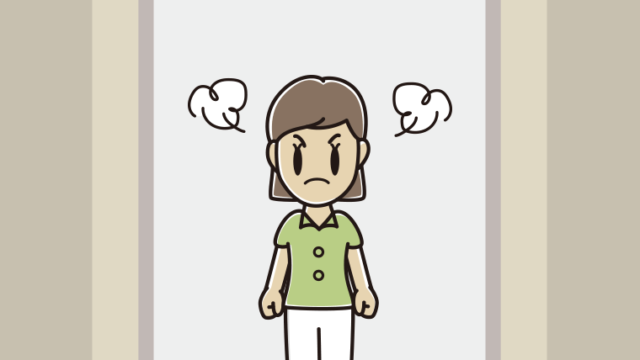 エレベーターで怒る女性会社員（クールビズ）のイラスト【色、背景あり】PNG