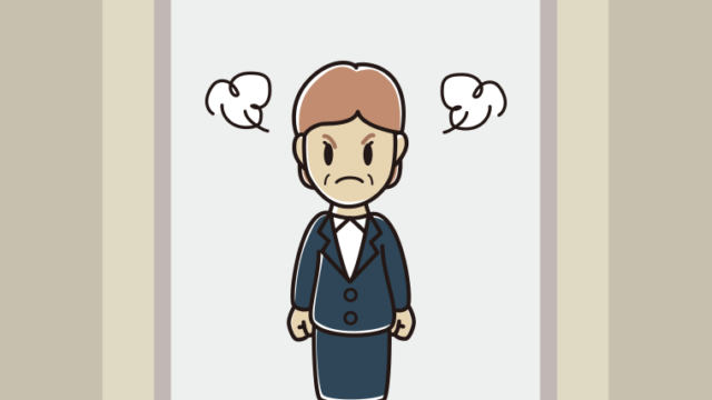 エレベーターで怒る年配女性会社員のイラスト【色、背景あり】PNG