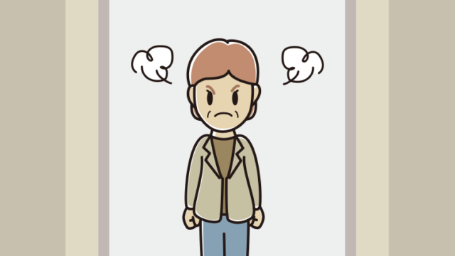 エレベーターで怒る年配女性会社員（カジュアル）のイラスト【色、背景あり】PNG