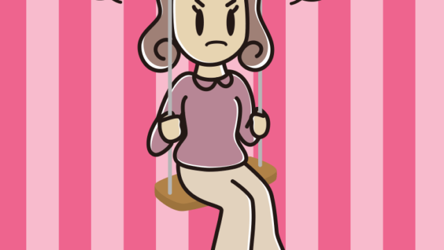 ブランコで怒る女子大学生のイラスト【色、背景あり】PNG