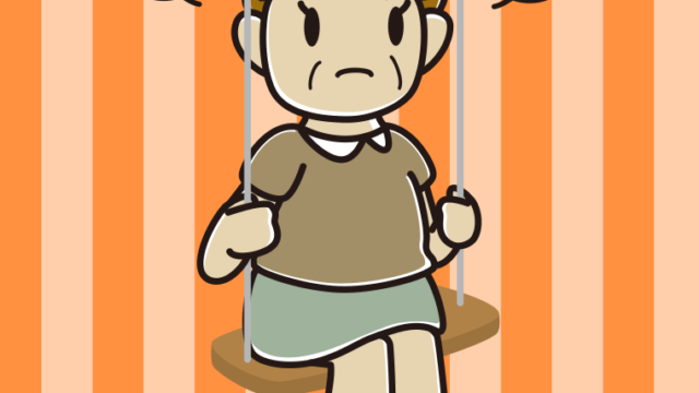 ブランコで怒るおばさんのイラスト【色、背景あり】PNG