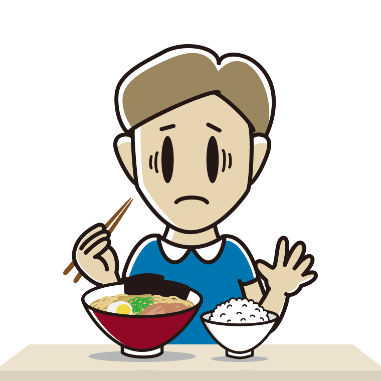 ラーメンライスで困る男性のイラスト【色あり、背景なし】透過PNG