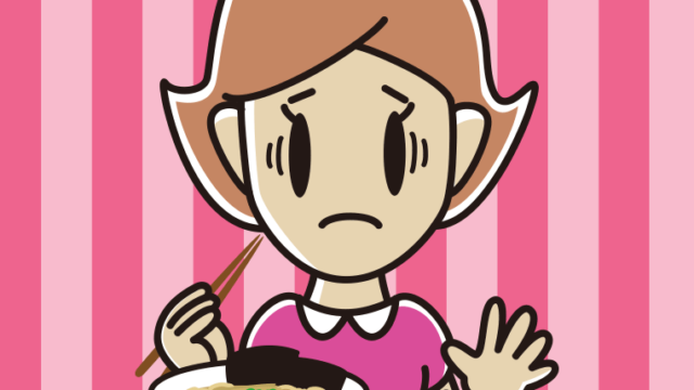 ラーメンライスで困る女性のイラスト【色、背景あり】PNG