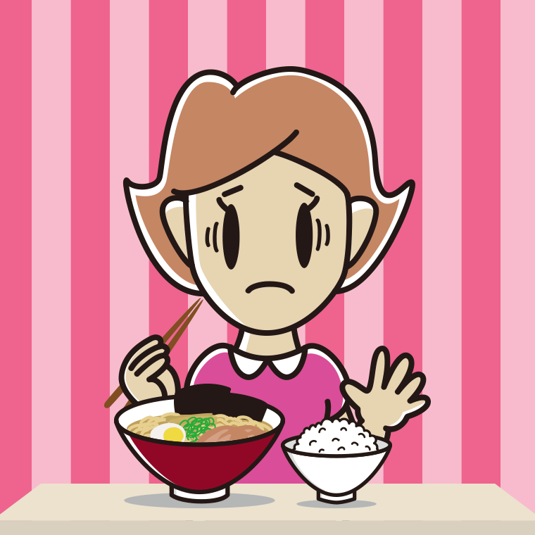 ラーメンライスで困る女性のイラスト【色、背景あり】PNG