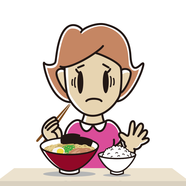 ラーメンライスで困る女性のイラスト【色あり、背景なし】透過PNG