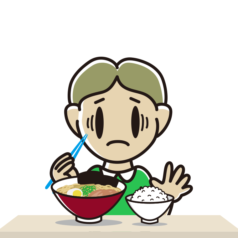 ラーメンライスで困る小学生男子のイラスト【色あり、背景なし】透過PNG