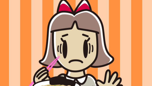 ラーメンライスで困る小学生女子のイラスト【色、背景あり】PNG