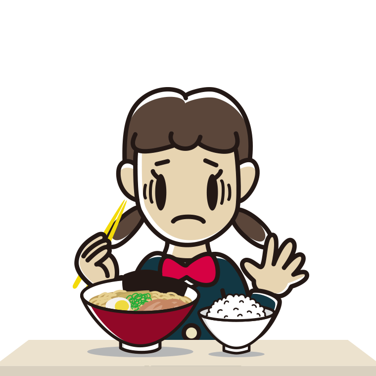 ラーメンライスで困る女子中学生のイラスト【色あり、背景なし】透過PNG