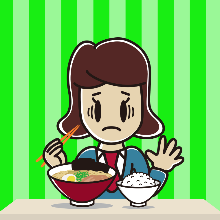 ラーメンライスで困る女子高校生のイラスト【色、背景あり】PNG