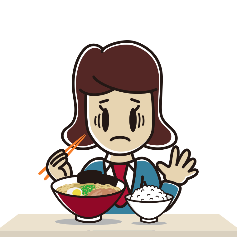 ラーメンライスで困る女子高校生のイラスト【色あり、背景なし】透過PNG