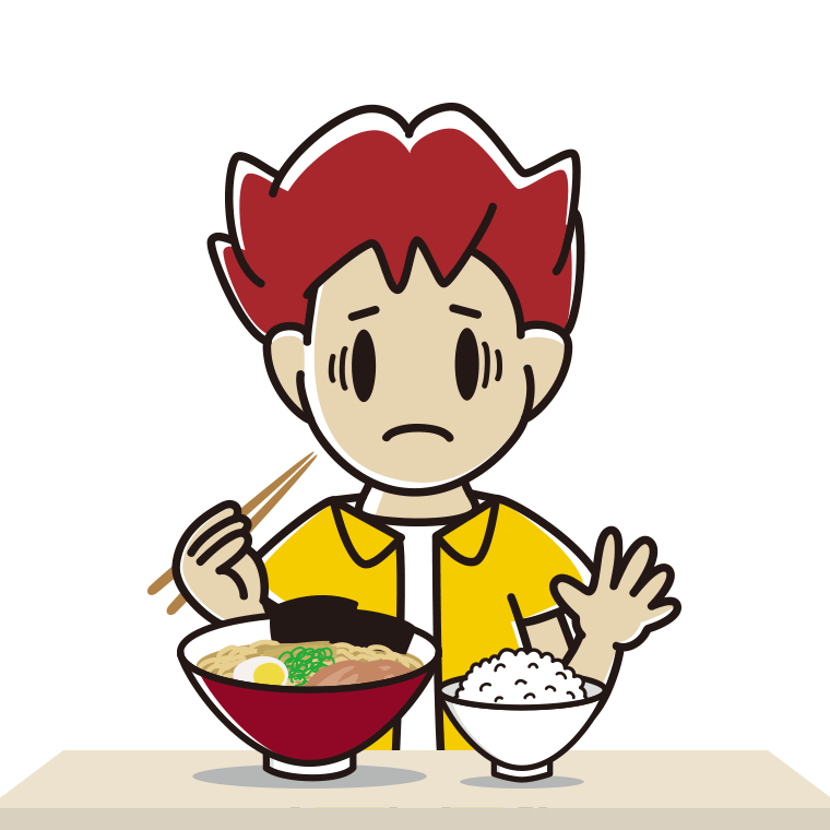 ラーメンライスで困る男子大学生のイラスト【色あり、背景なし】透過PNG