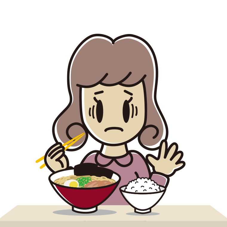 ラーメンライスで困る女子大学生のイラスト【色あり、背景なし】透過PNG