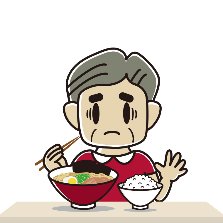 ラーメンライスで困るおじさんのイラスト【色あり、背景なし】透過PNG