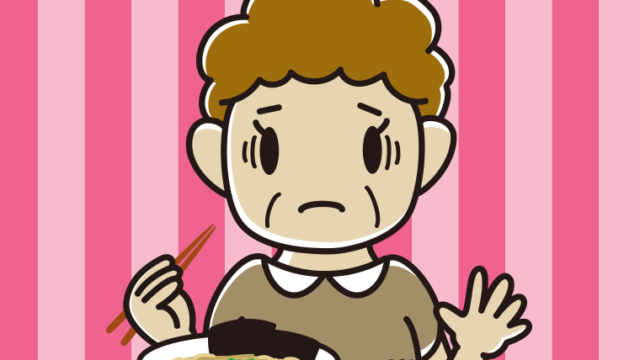 ラーメンライスで困るおばさんのイラスト【色、背景あり】PNG