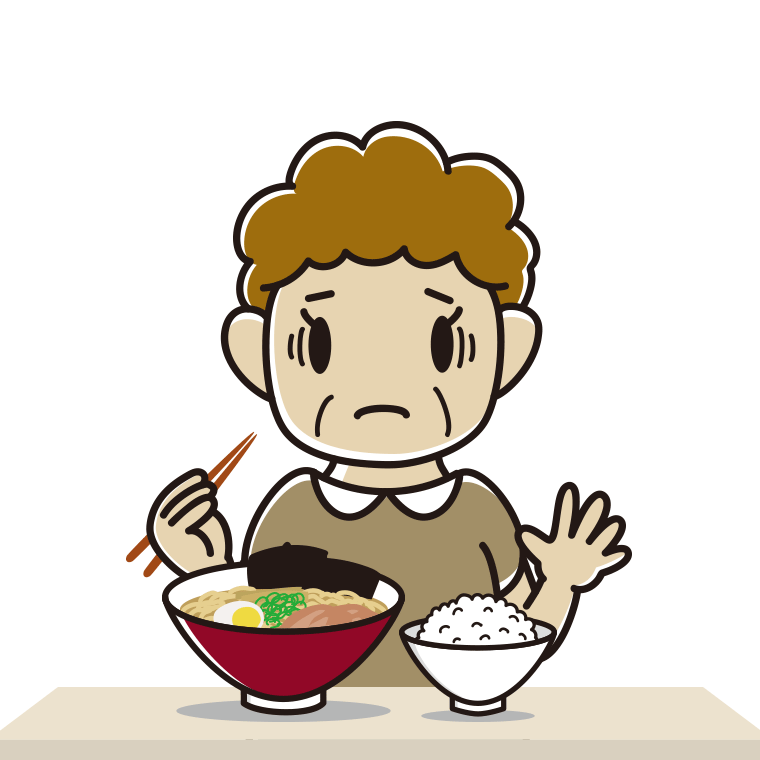 ラーメンライスで困るおばさんのイラスト【色あり、背景なし】透過PNG