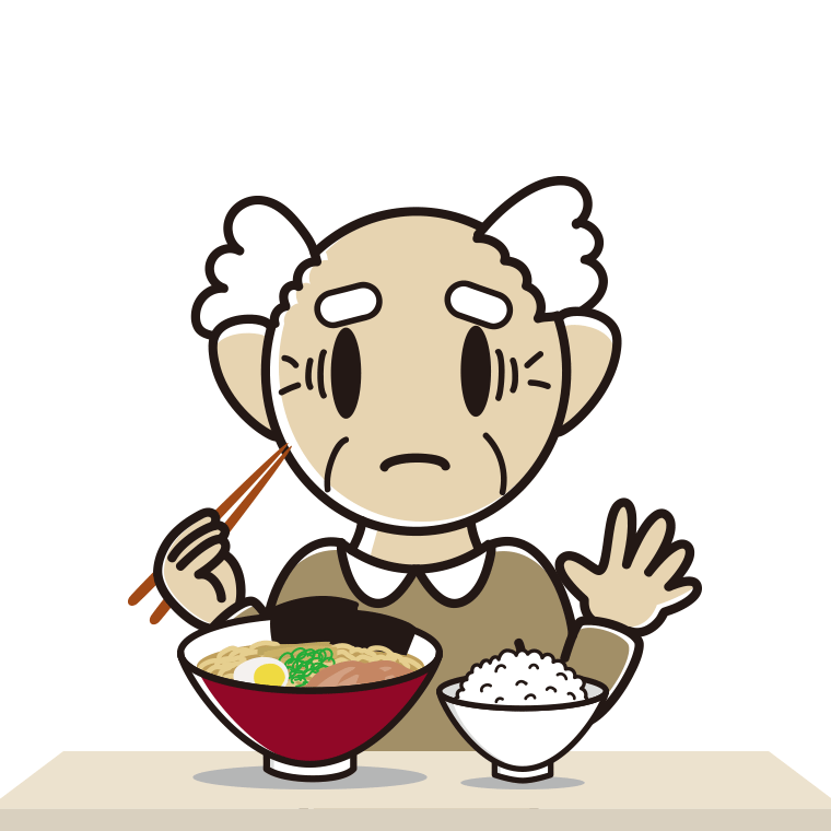 ラーメンライスで困るおじいさんのイラスト【色あり、背景なし】透過PNG