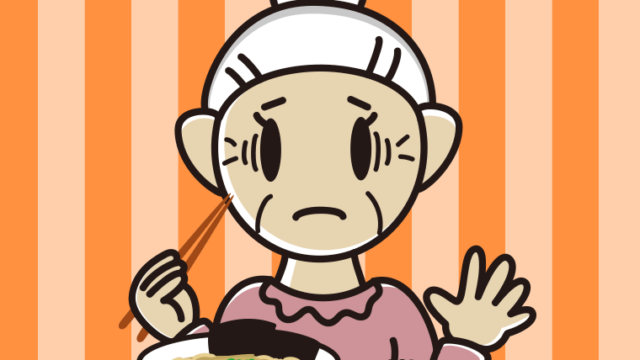 ラーメンライスで困るおばあさんのイラスト【色、背景あり】PNG