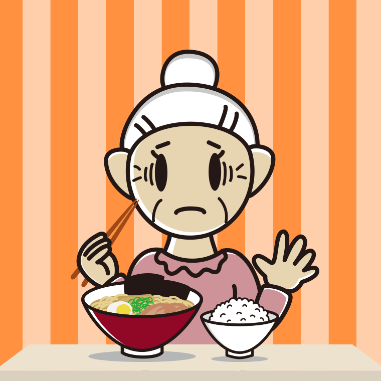 ラーメンライスで困るおばあさんのイラスト【色、背景あり】PNG