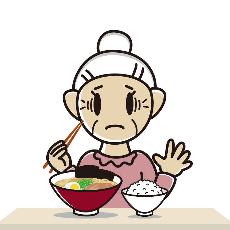 ラーメンライスで困るおばあさんのイラスト【色あり、背景なし】透過PNG