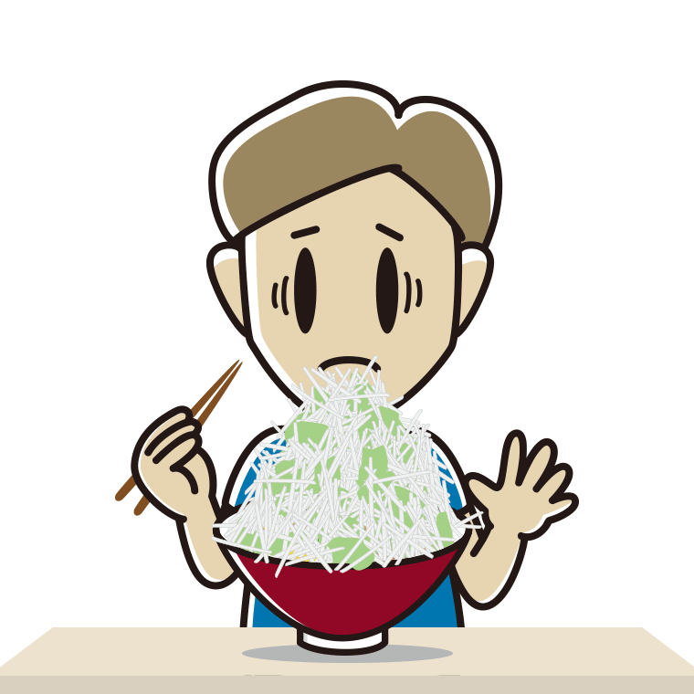 大盛（マシマシ）ラーメンで困る男性のイラスト【色あり、背景なし】透過PNG