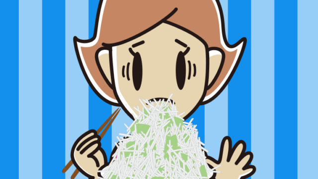 大盛（マシマシ）ラーメンで困る女性のイラスト【色、背景あり】PNG