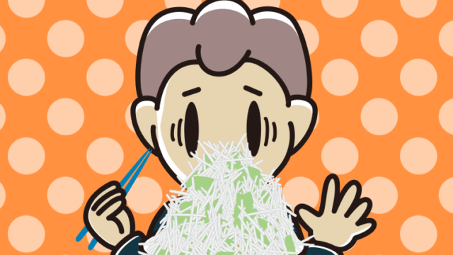 大盛（マシマシ）ラーメンで困る男子中学生のイラスト【色、背景あり】PNG