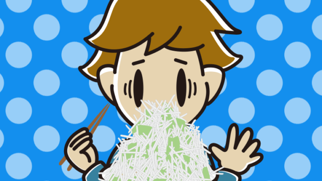 大盛（マシマシ）ラーメンで困る男子高校生のイラスト【色、背景あり】PNG