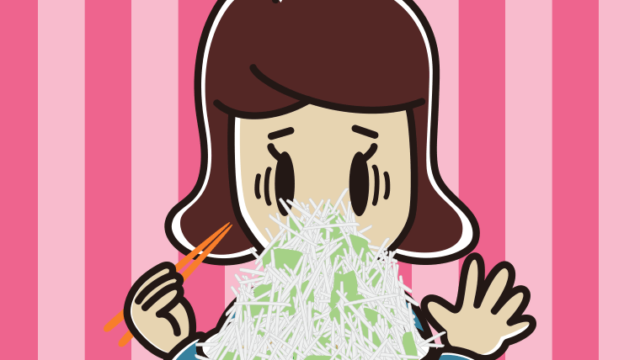 大盛（マシマシ）ラーメンで困る女子高校生のイラスト【色、背景あり】PNG