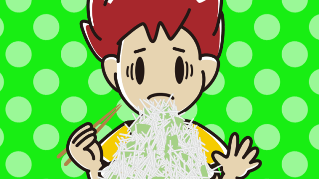 大盛（マシマシ）ラーメンで困る男子大学生のイラスト【色、背景あり】PNG