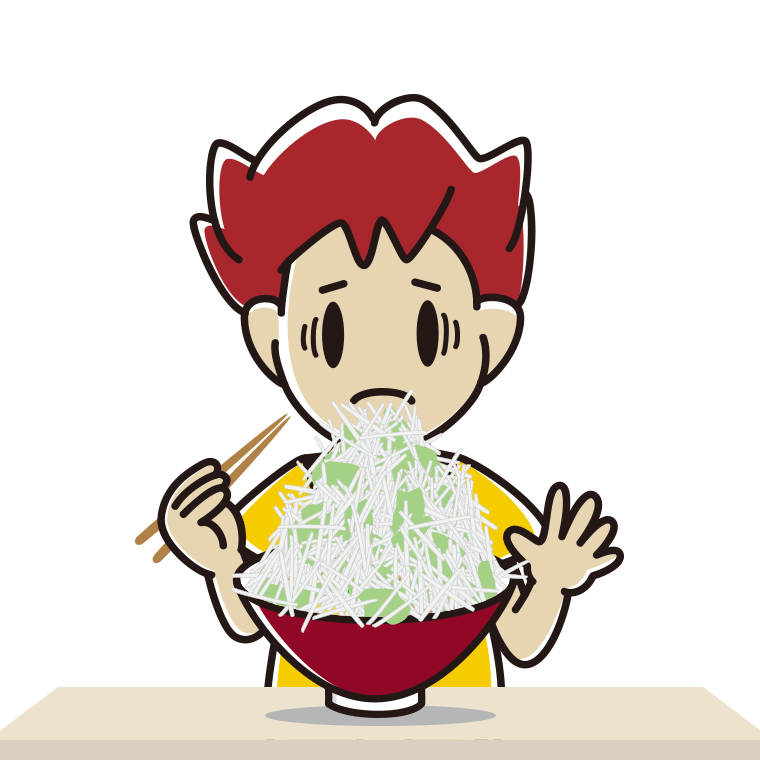 大盛（マシマシ）ラーメンで困る男子大学生のイラスト【色あり、背景なし】透過PNG