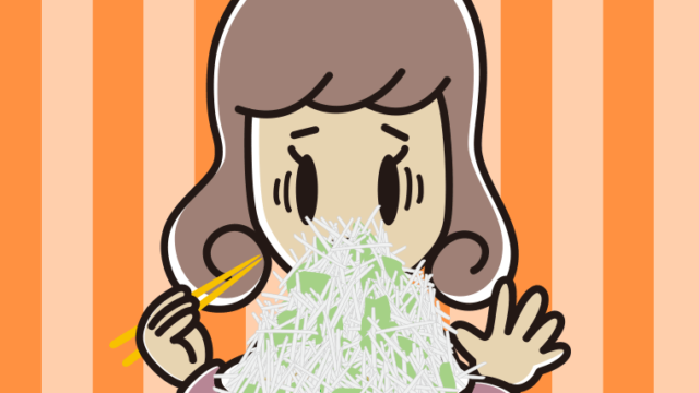 大盛（マシマシ）ラーメンで困る女子大学生のイラスト【色、背景あり】PNG