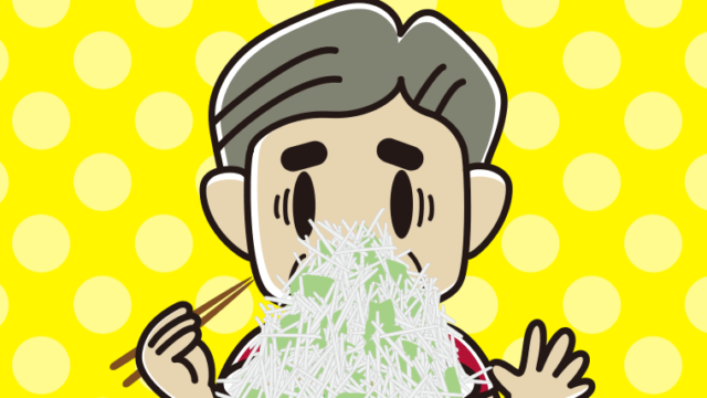 大盛（マシマシ）ラーメンで困るおじさんのイラスト【色、背景あり】PNG