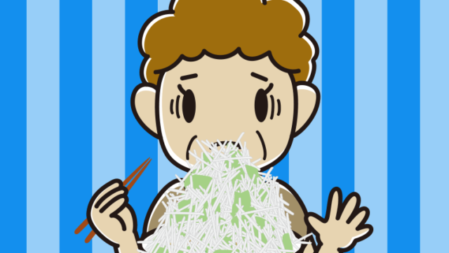 大盛（マシマシ）ラーメンで困るおばさんのイラスト【色、背景あり】PNG