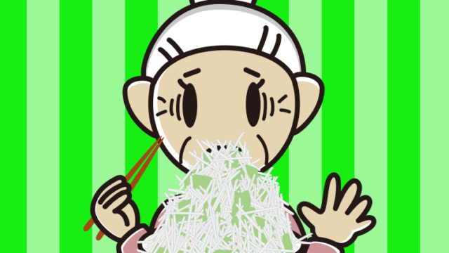 大盛（マシマシ）ラーメンで困るおばあさんのイラスト【色、背景あり】PNG