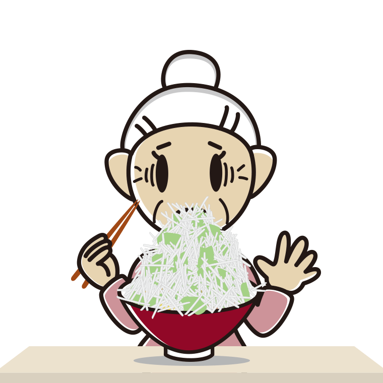 大盛（マシマシ）ラーメンで困るおばあさんのイラスト【色あり、背景なし】透過PNG