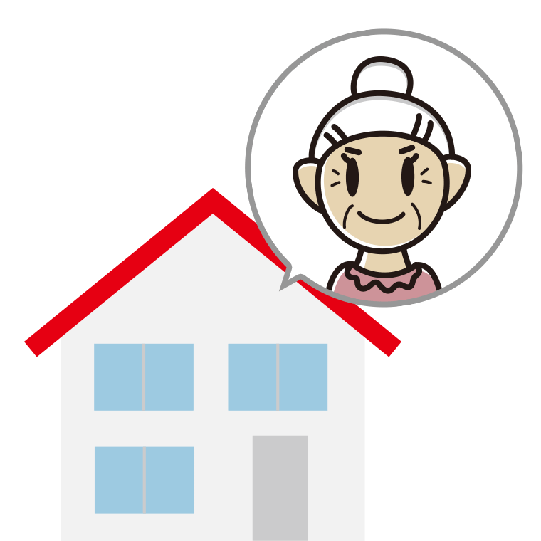 一戸建てに住むおばあさんのイラスト【色あり、背景なし】透過PNG